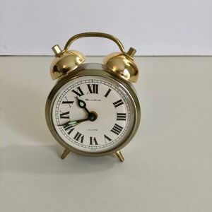 Bulova Caravelle Alarm‎ Clock Gold Tone Roman Numeral Twin Bell 1970's